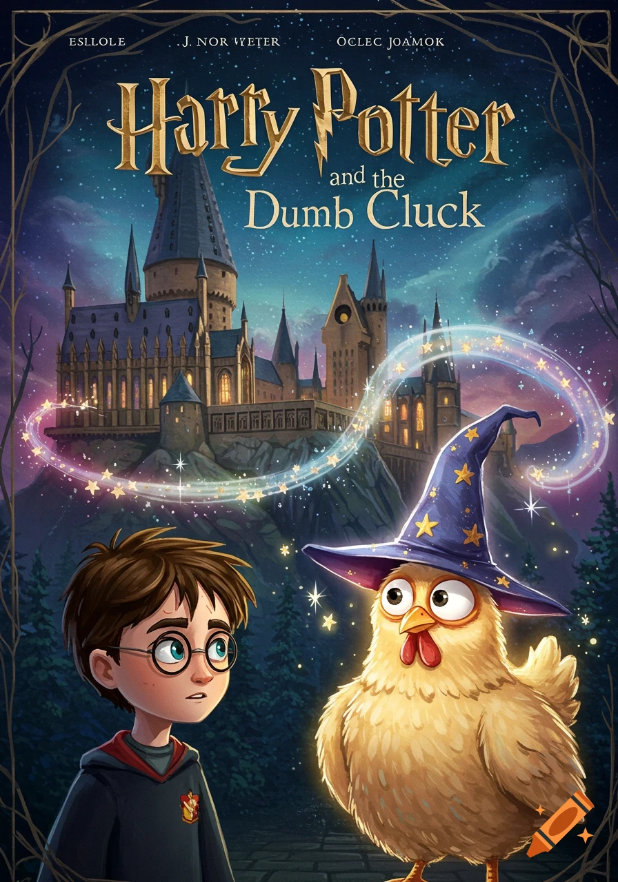An illustrated book cover depicting Harry Potter looking at a chicken wearing a wizard hat, with Hogwarts castle under a starry night sky.