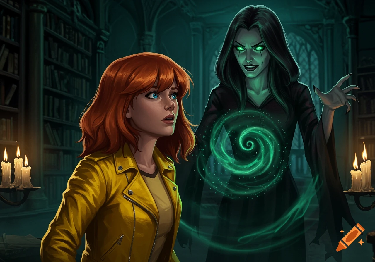 A red-haired woman in a yellow jacket stares wide-eyed at an evil witch with glowing green eyes casting a spell in a dark library.