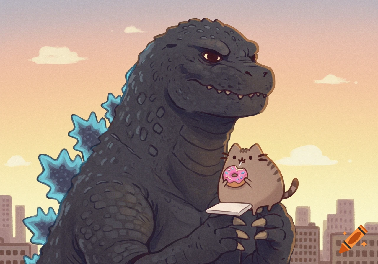 Cartoon Godzilla holds Pusheen the cat eating a pink donut, with a city skyline at sunset.