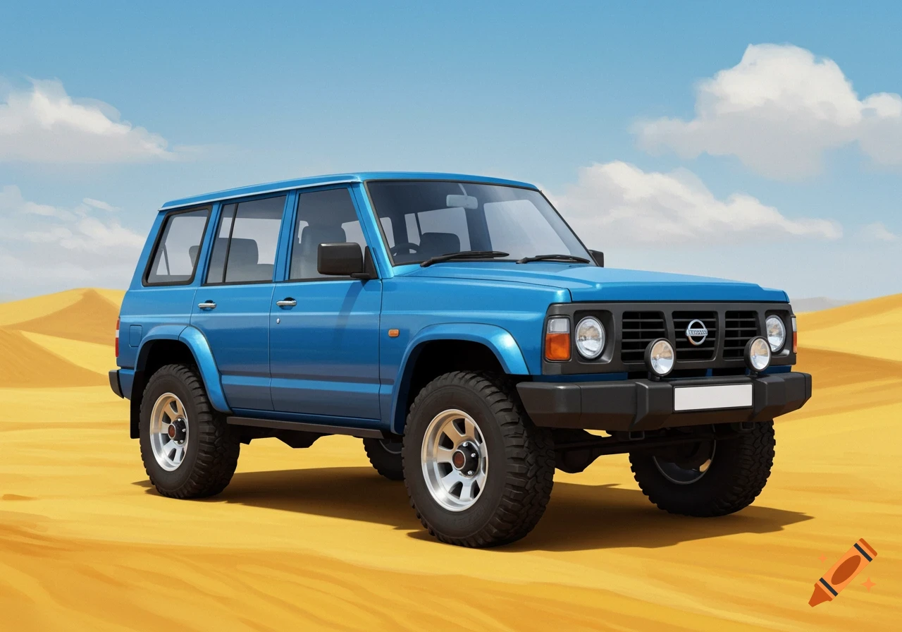 A blue Nissan Patrol SUV sits on yellow sand dunes under a blue sky with clouds.