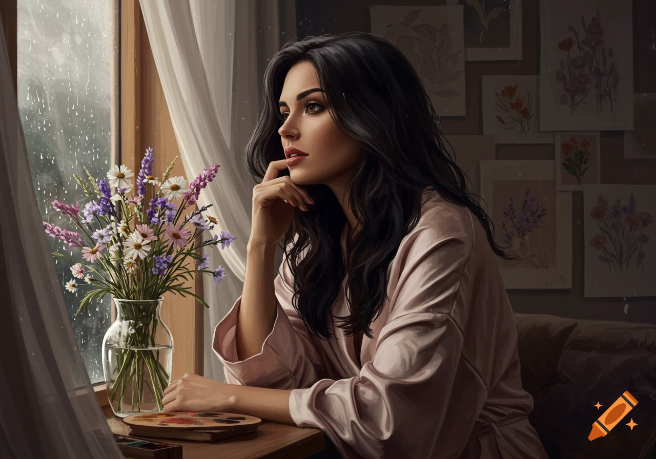 An illustration of a woman in a robe looking out a rainy window, with a vase of wildflowers beside her.