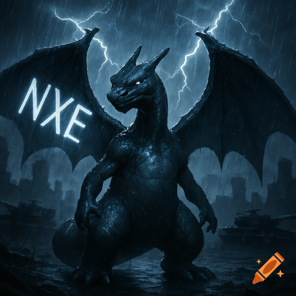 A dark, angry Charizard stands in a stormy, dystopian city with lightning, 'NXE' on its wing, and tanks.