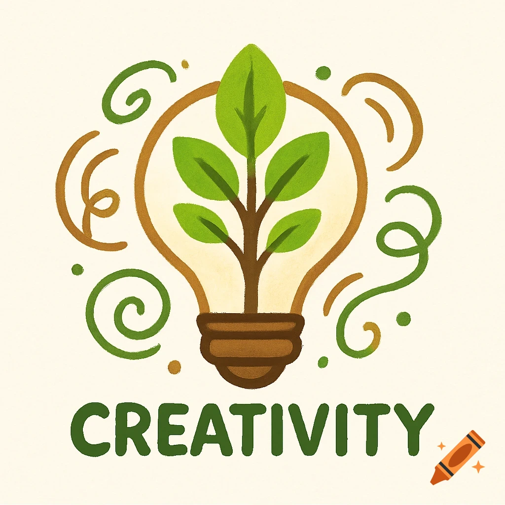 A green and brown logo featuring a plant growing inside a lightbulb, with 'CREATIVITY' text below.