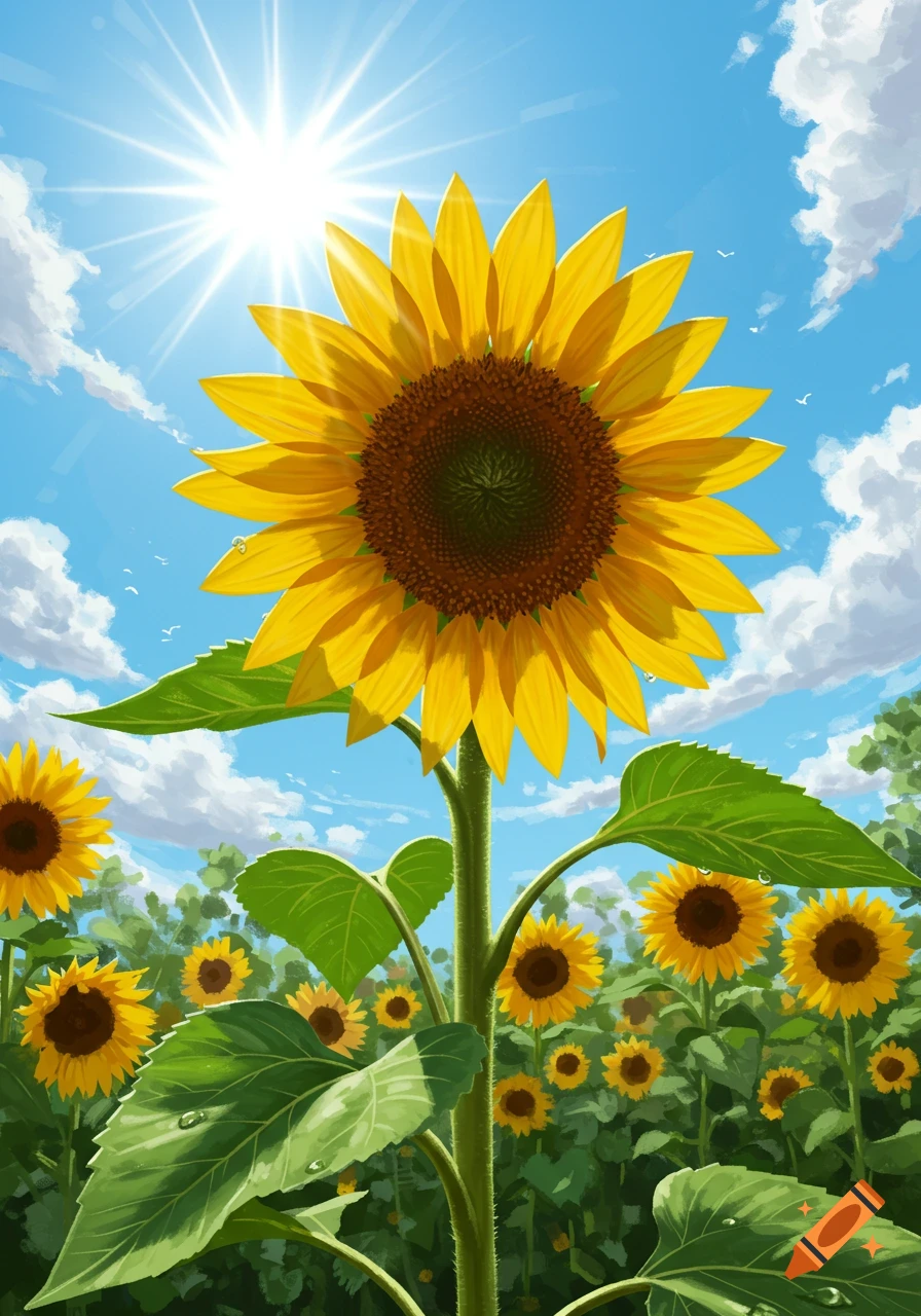 A vibrant, illustrative image of a large sunflower in the foreground with a field of sunflowers under a bright blue sky.