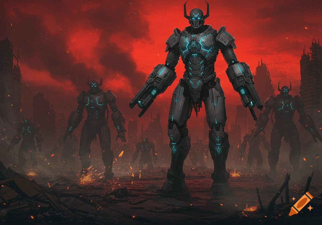 Massive robotic warlords stand in a fiery, destroyed cityscape under a blood-red sky in a dark, detailed sci-fi scene.