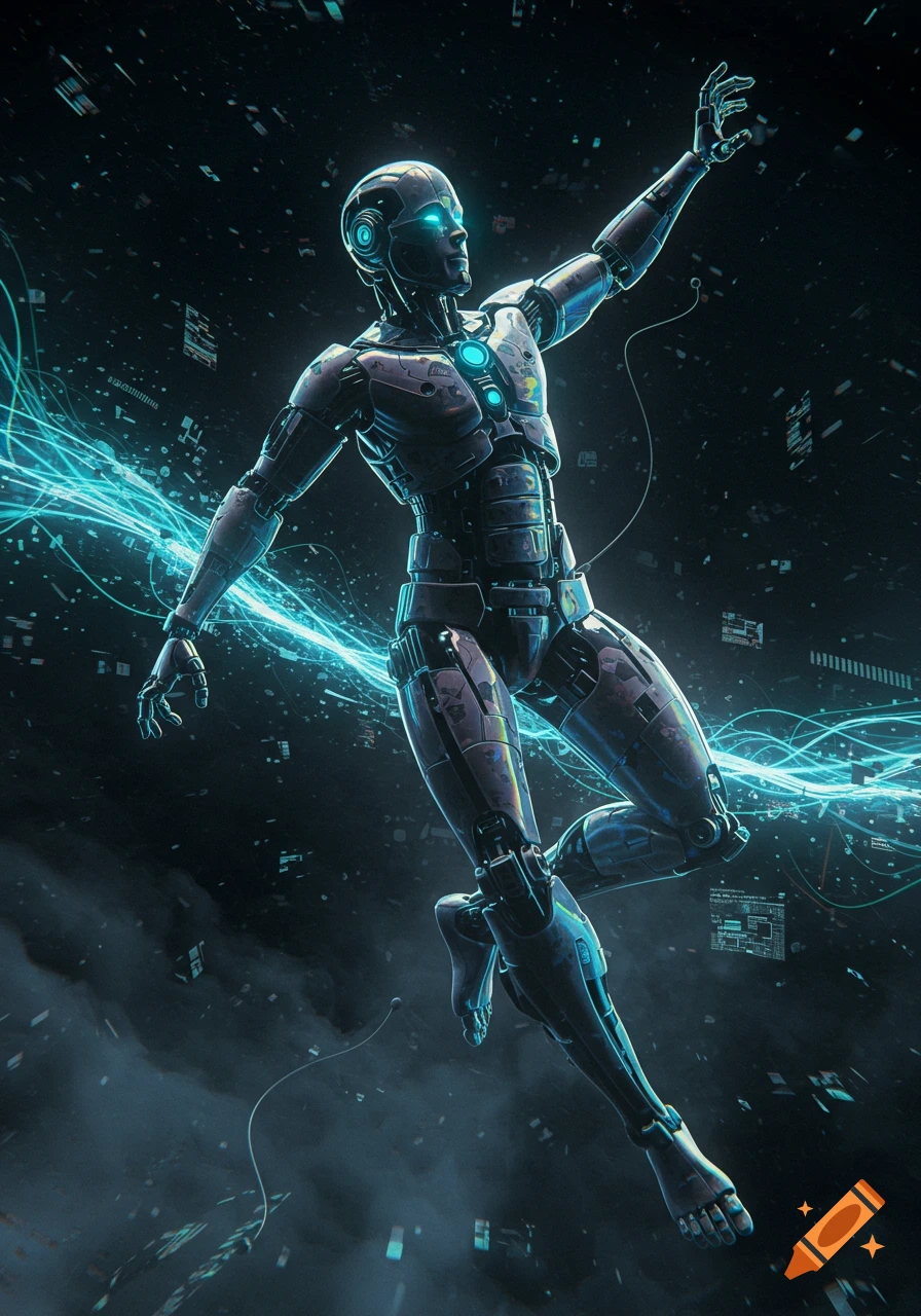 A sleek robotic figure floats in a dark, data-filled digital void, with glowing blue energy streams surrounding it and one hand reaching up.
