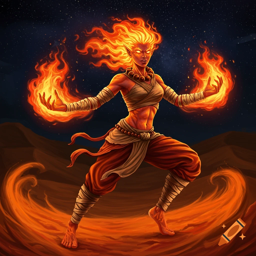 A powerful female fire elemental with flaming hair and eyes, wearing wraps,  summons fire from her hands in a fiery landscape under a starry sky. on  Craiyon, image size:1024x1024