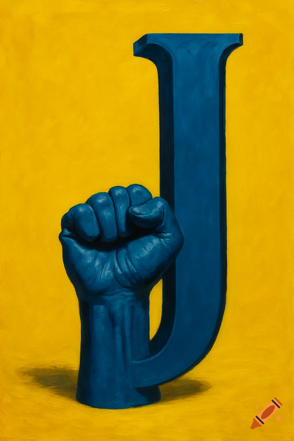 A blue, clenched fist stands beneath a large, blue, three-dimensional letter 'J' on a vibrant yellow background.