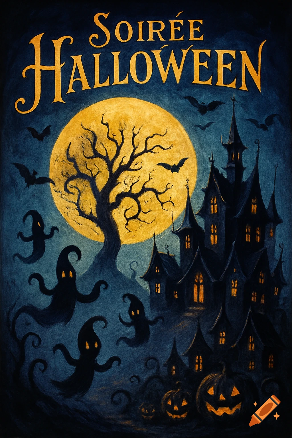 A vintage Halloween poster features a haunted mansion, twisted tree, ghosts, bats, and jack-o'-lanterns under a full moon, with 'SOIRÉE HALLOWEEN' at the top in gold.