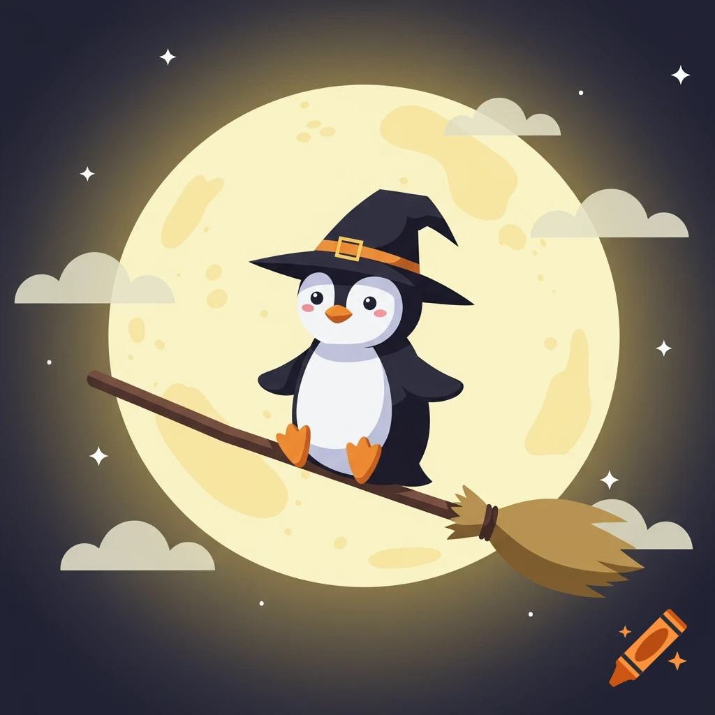 A cute cartoon penguin wearing a witch hat flies on a broomstick across a full moonlit night sky with clouds and stars.