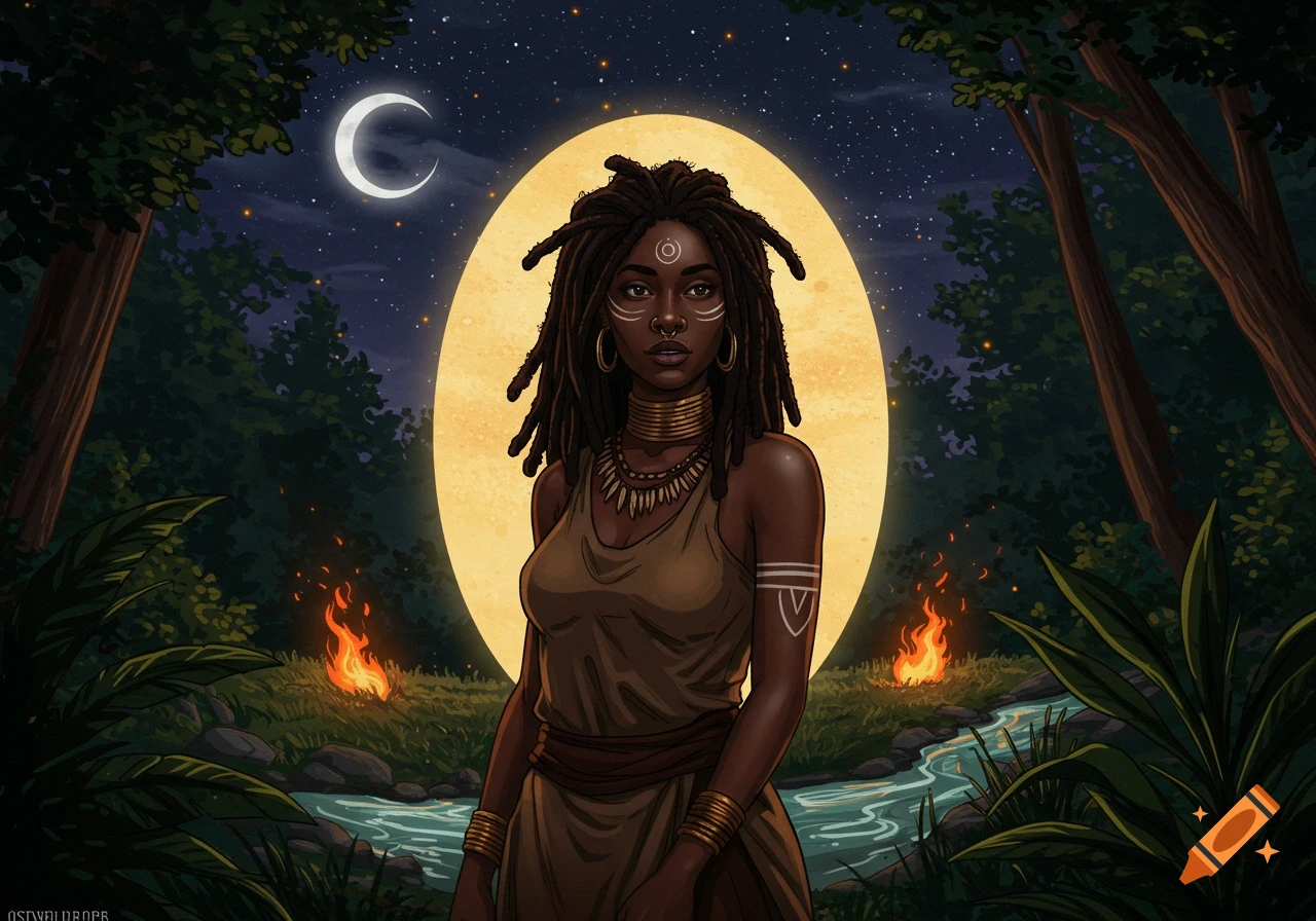 A dark-skinned woman with dreadlocks and tribal markings stands in a magical forest at night, with a full moon, crescent moon, fires, and a river. Comic art style.
