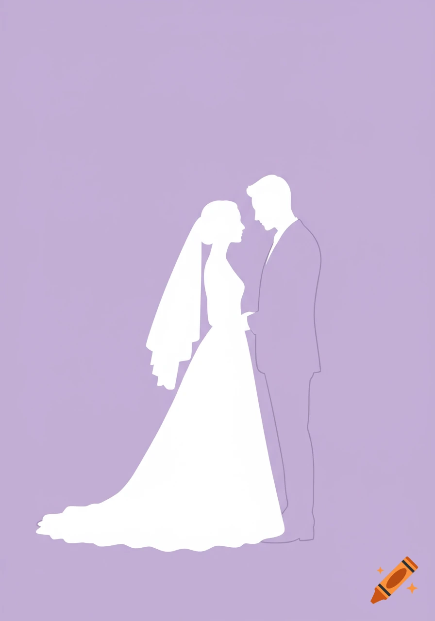 Minimalist graphic silhouette of a bride and groom standing close, on a soft lilac background.
