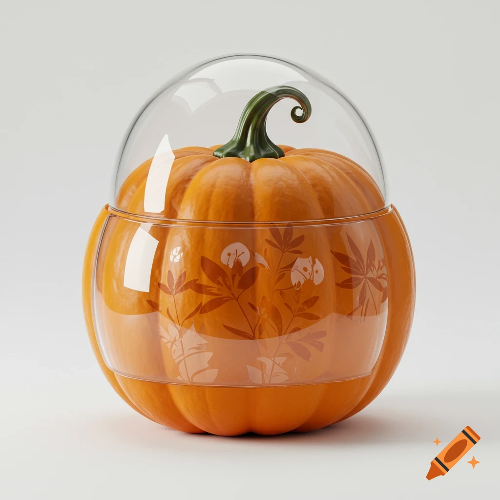 A photorealistic orange pumpkin, its upper half a clear glass dome etched with floral patterns, on a white background.