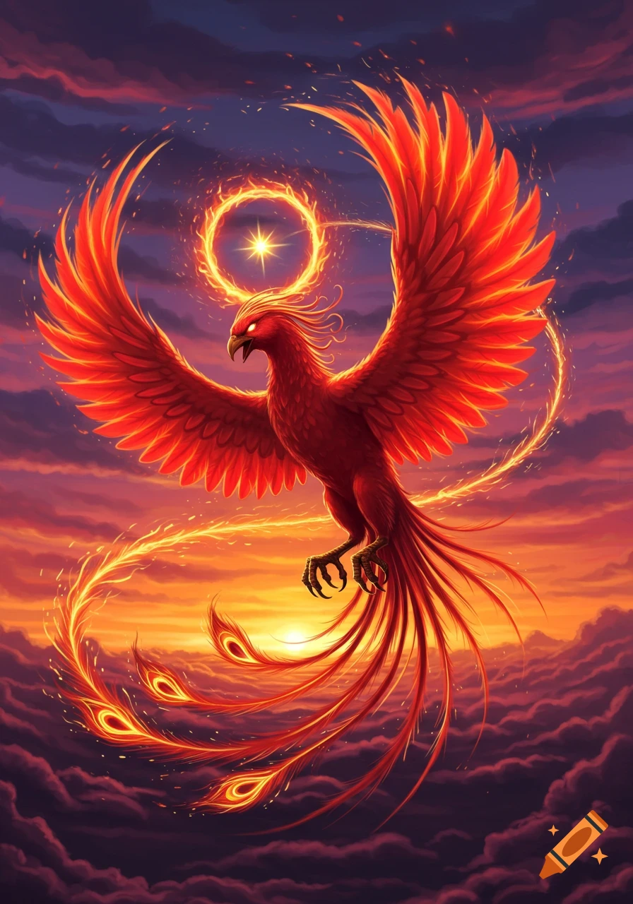 A vibrant red phoenix with glowing wings and tail feathers flies against a fiery orange and purple sunset sky, with a bright star and halo.