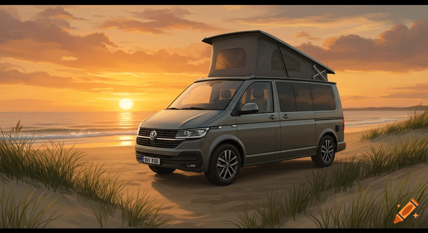 A grey Volkswagen California camper van with a pop-top roof parked on a sandy beach at sunset, with grass dunes.