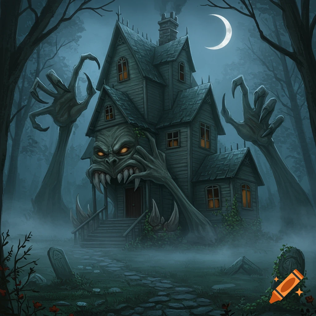 A haunted monster house with glowing eyes and clawed hands, surrounded by eerie trees and tombstones in a foggy graveyard under a crescent moon.