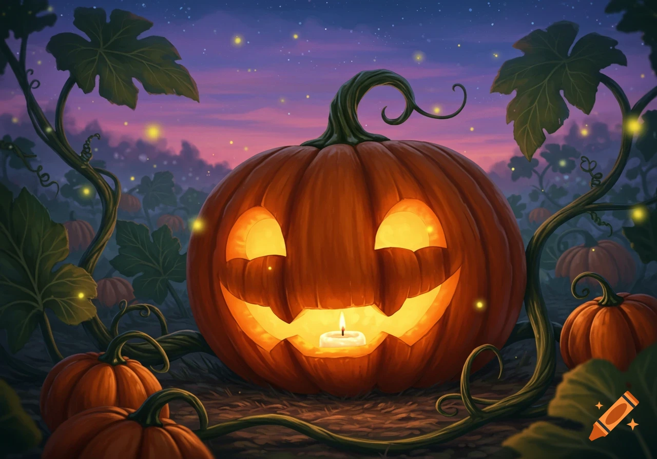 A glowing jack-o'-lantern with a carved smile sits in a pumpkin patch under a starry, twilight sky with fireflies.