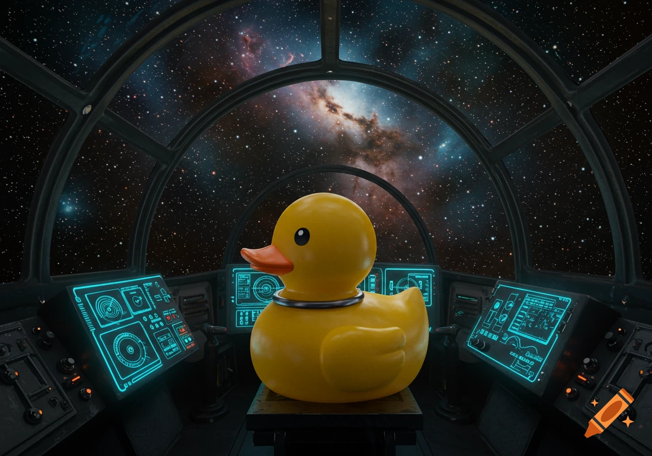 A yellow rubber duck sits in the pilot's seat of a futuristic spaceship cockpit, looking out at a starry galaxy.