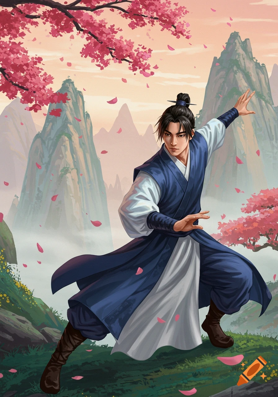 An anime-style male martial artist in blue and white robes poses amidst misty mountains and pink cherry blossoms.