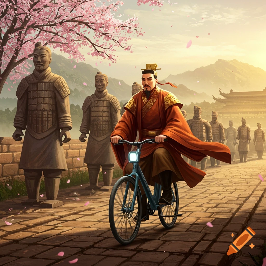 Qin Shi Huang in traditional attire rides a bicycle past Terracotta Army statues and cherry blossoms under a sunset sky.