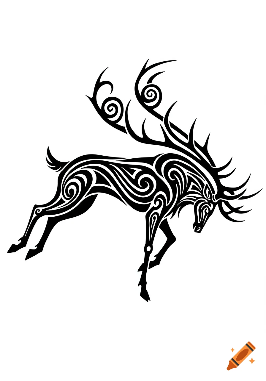 Stylized black tribal art illustration of a deer with sweeping, spiral antlers and swirling body patterns.