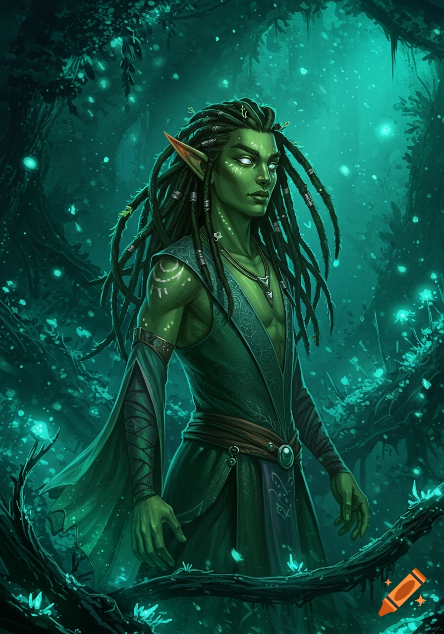 A green-skinned elf with dreadlocks and glowing white eyes stands in a magical, bioluminescent forest.