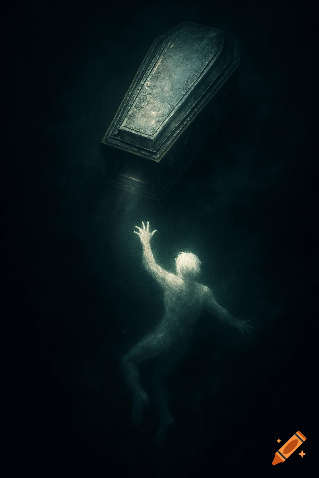 A stylized person with glowing outlines falls through a dark void, reaching up towards a decaying, ornate casket above, in an ethereal, dark art style.