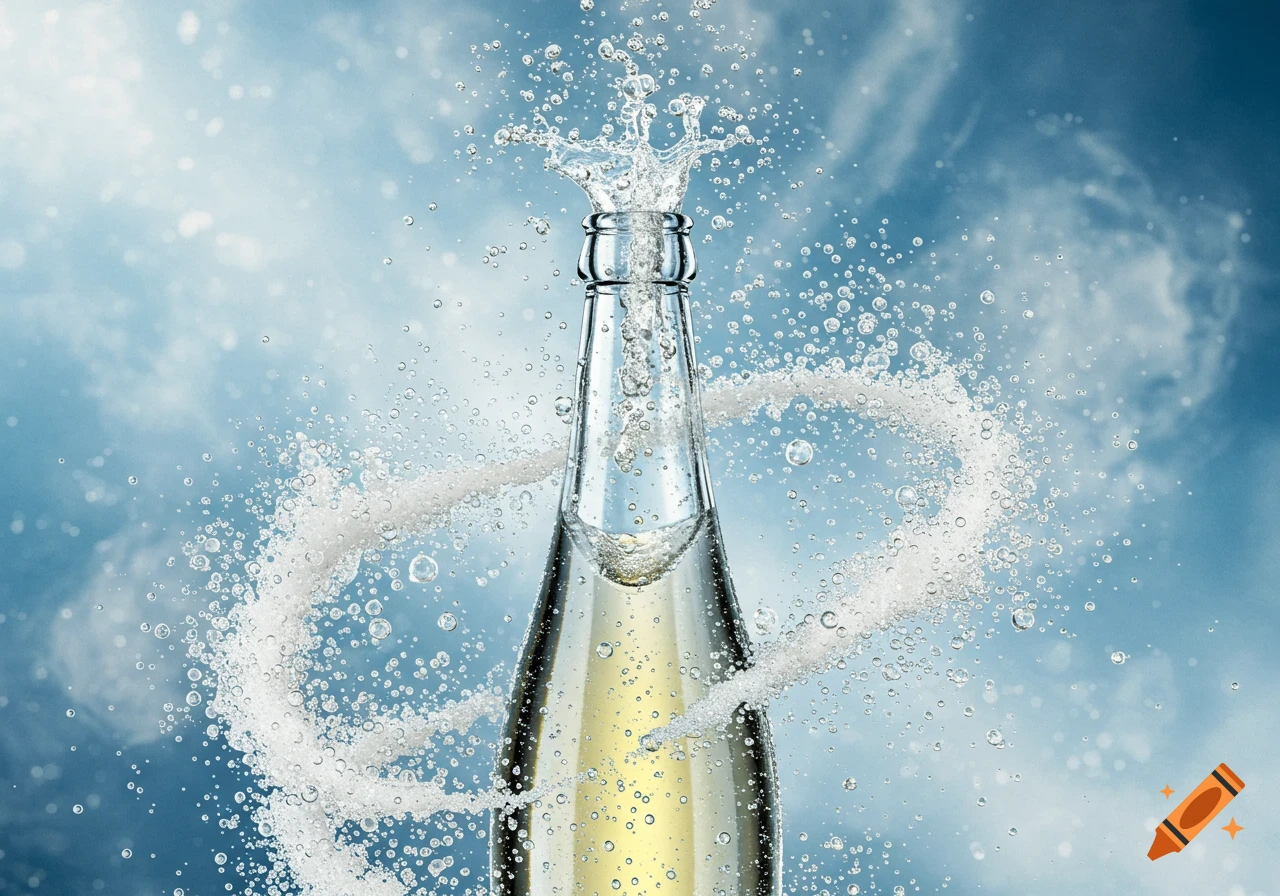 A clear glass bottle of golden liquid splashes dynamically against a blue sky, with water droplets and foam swirling.