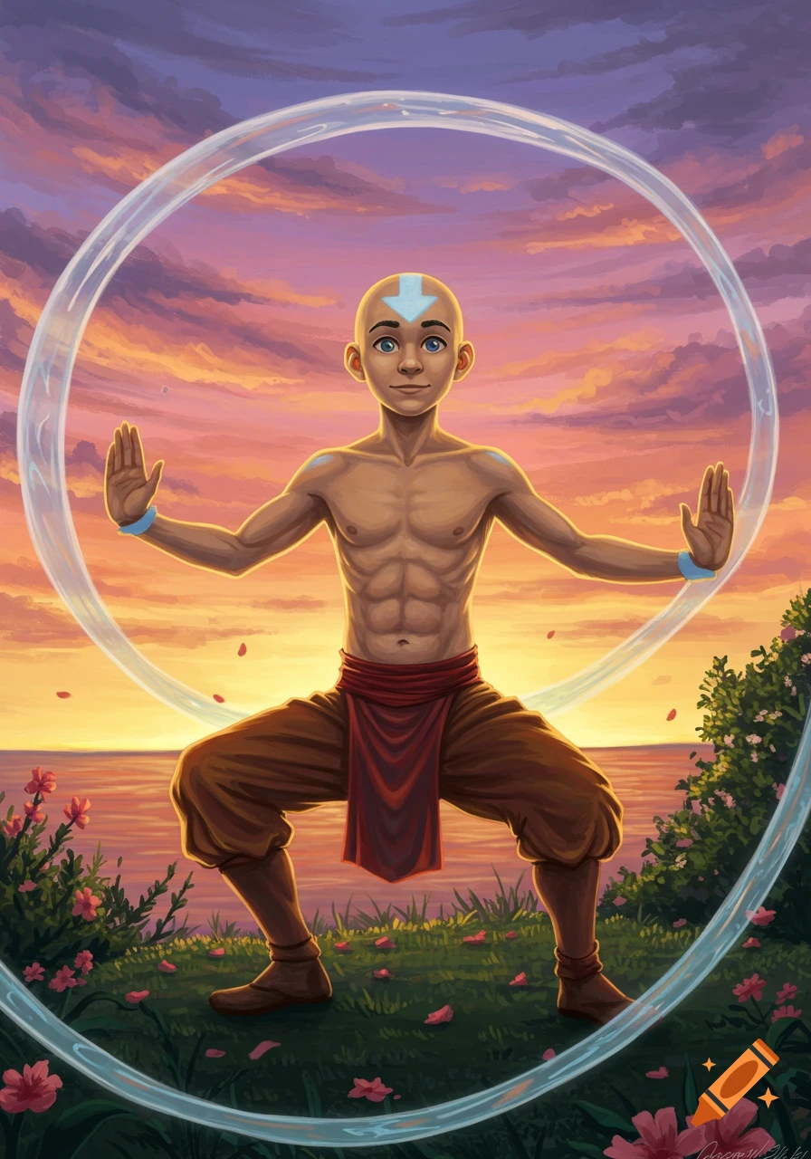 Aang from Avatar the Last Airbender, shirtless, waterbending in a meditative stance at sunset, surrounded by flowers.