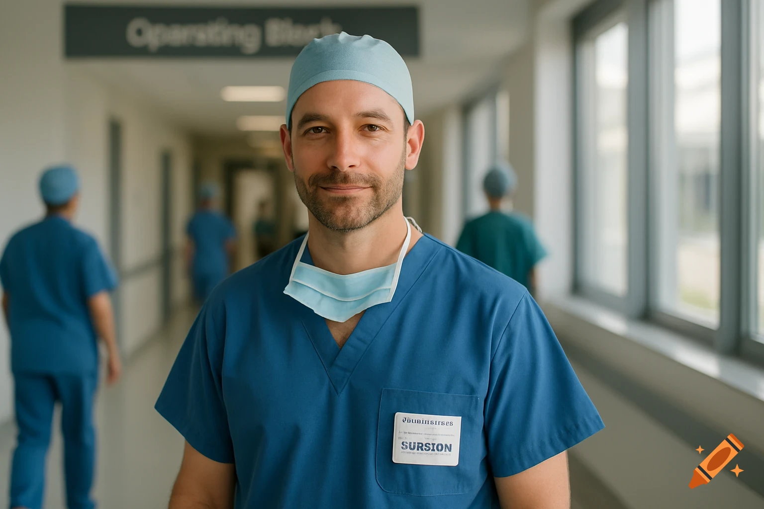 A male doctor in blue scrubs and a light blue cap smiles confidently in a bright hospital corridor, surgical mask pulled down.
