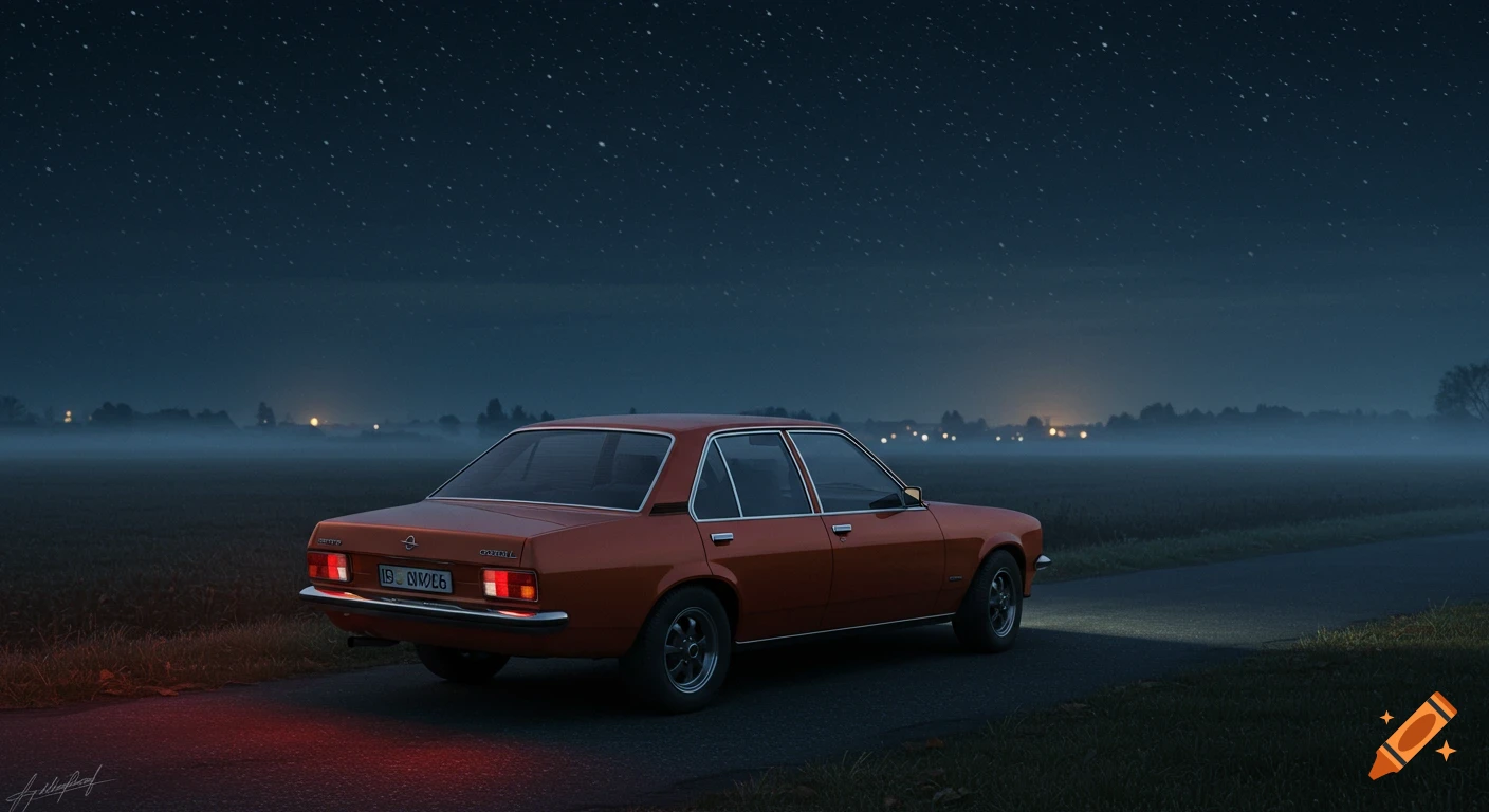 An orange Opel Rekord sedan parked on a dark rural road at night under a starry sky, with distant misty lights.