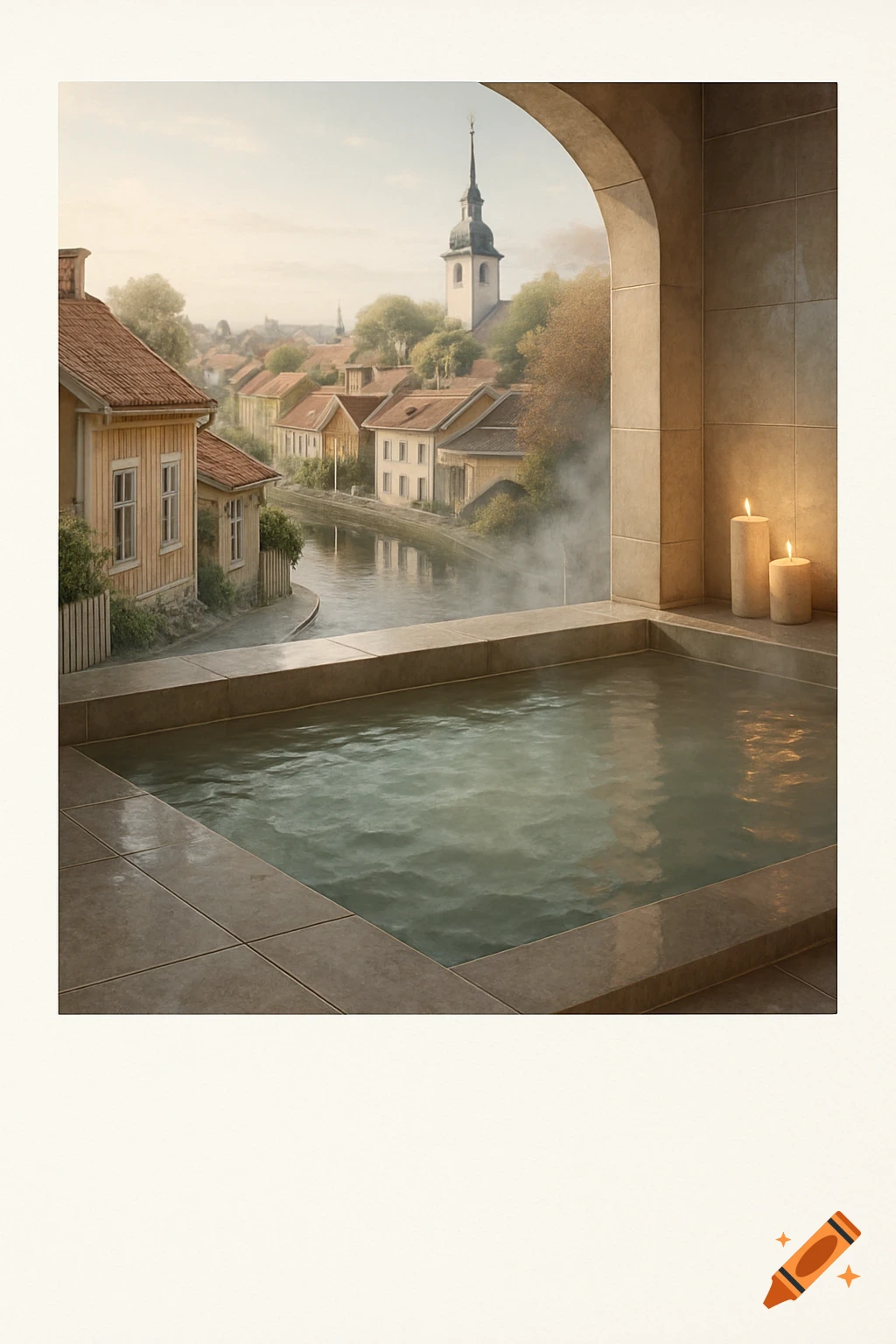 Photorealistic indoor spa tub with candles looking out through an archway to a serene Swedish town with a church, houses, and a river.