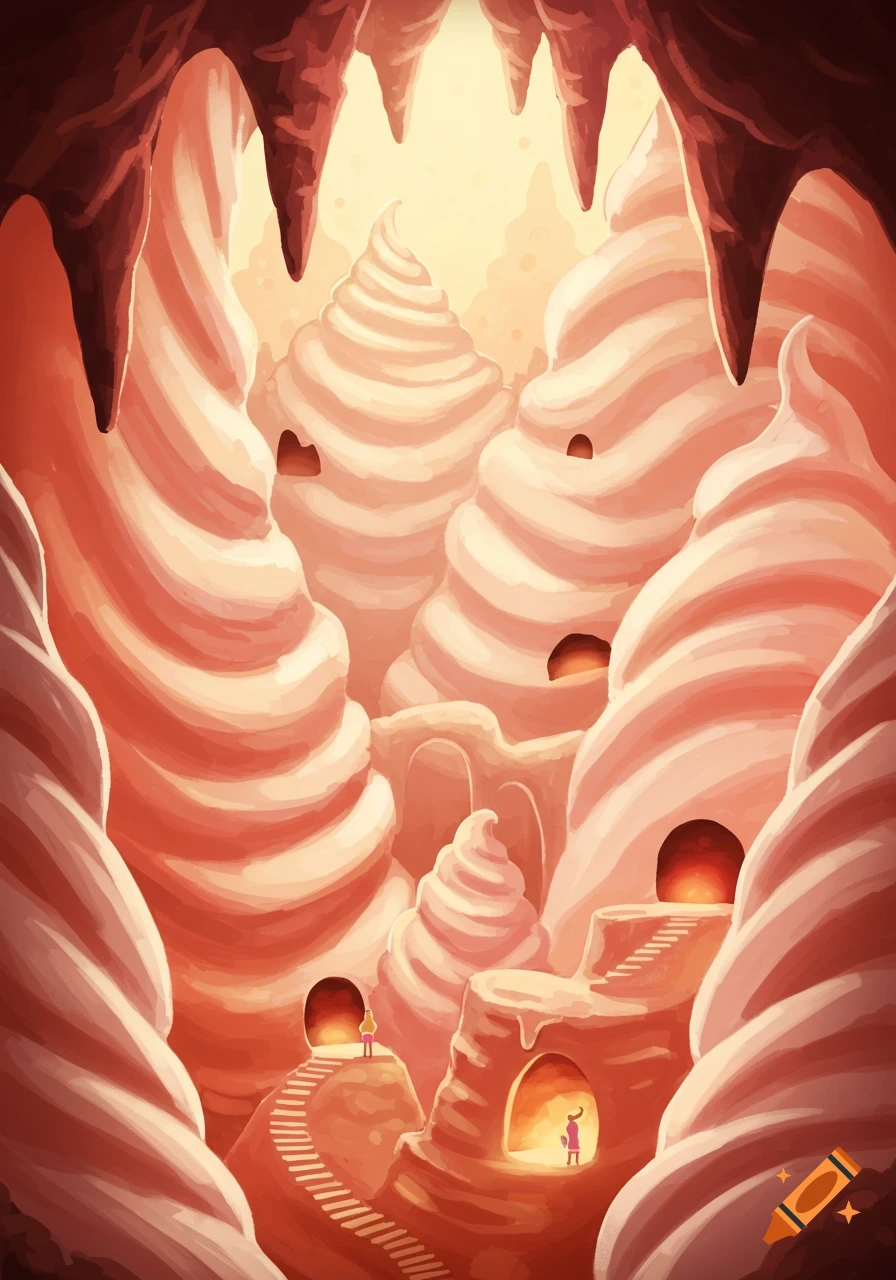 Whimsical cartoon art of a giant ice cream cave with creamy layers, strawberry swirls, small stairways, tunnels, and warm lighting.