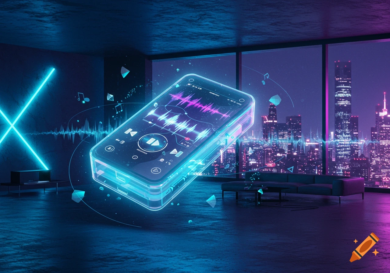 Glowing futuristic music player floats in a dark room with a neon city skyline at night, showing sound waves.
