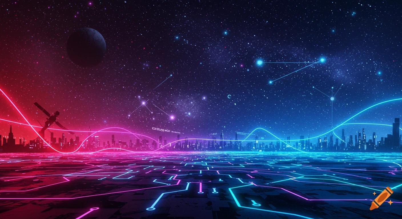 A vibrant futuristic cityscape with neon pink and blue circuit patterns on the ground, a starry sky, and a distant planet.
