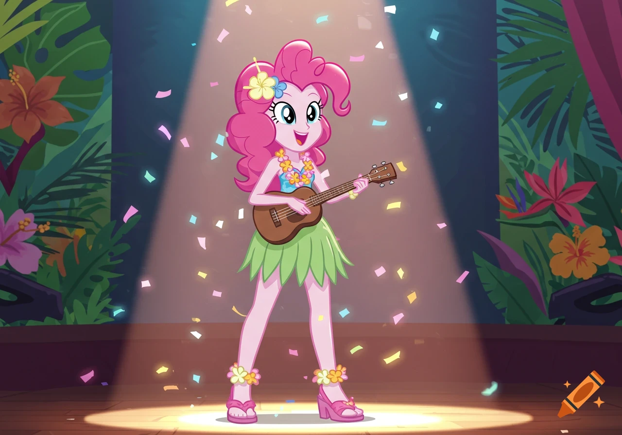 Pinkie Pie from Equestria Girls plays a ukulele on a brightly lit stage with tropical plants and falling confetti.