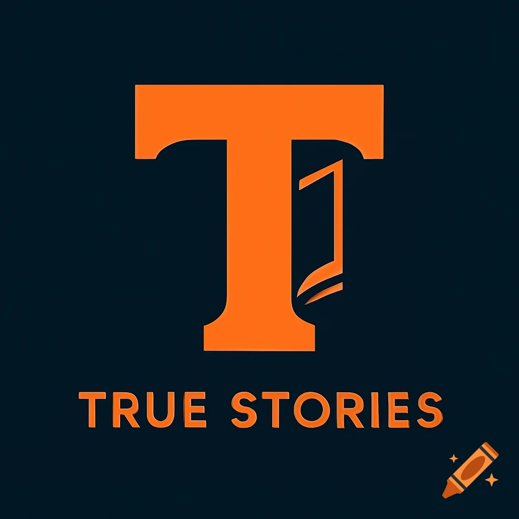 Minimalist orange letter T with a subtle book icon above 'TRUE STORIES' text on a dark blue background.