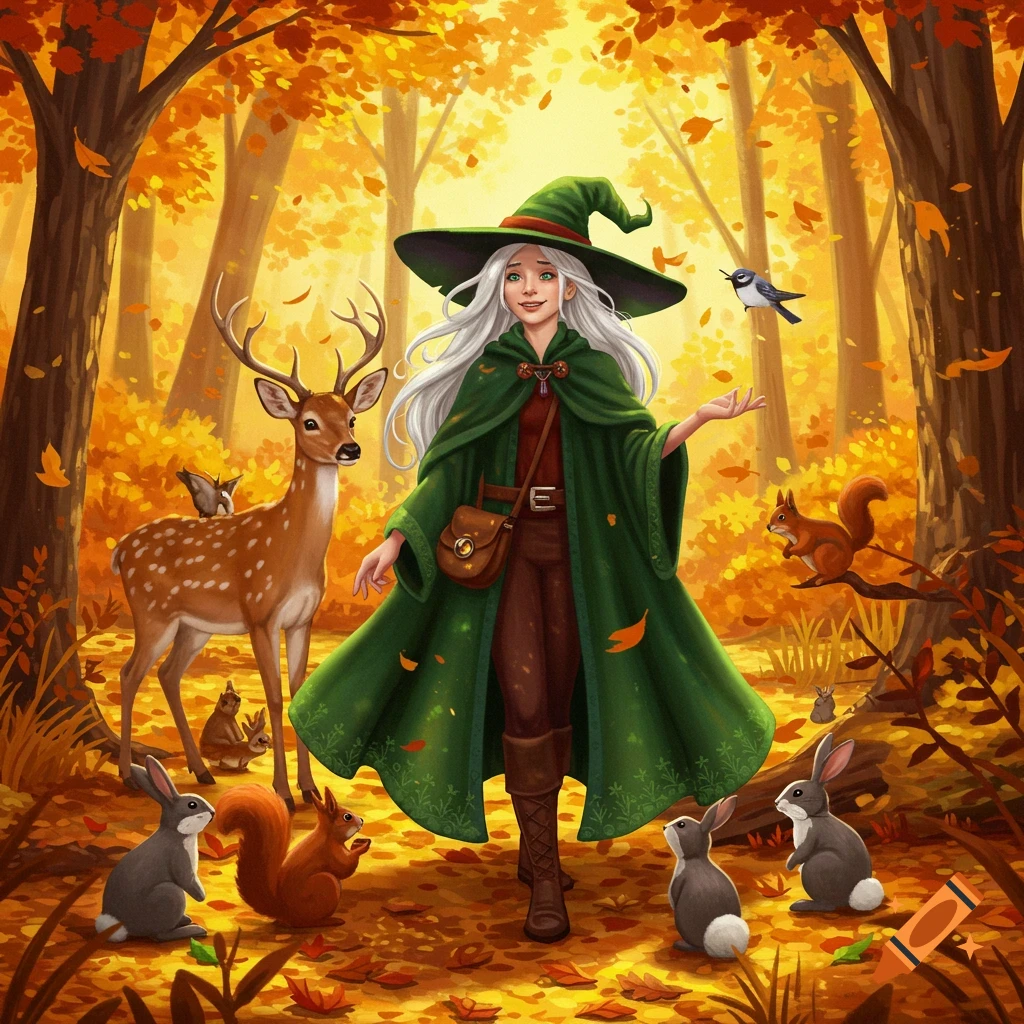 A white-haired witch in a green hat and cloak smiles among deer, rabbits, squirrels, and birds in a vibrant autumn forest illustration.