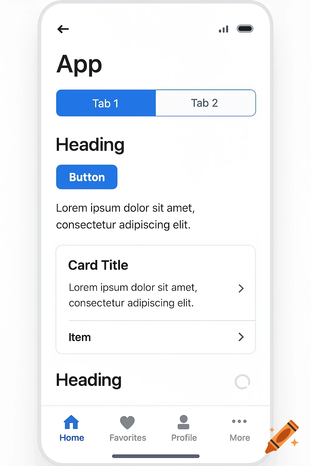 Smartphone screen displaying a clean mobile app interface with tabs, buttons, headings, and a bottom navigation bar.