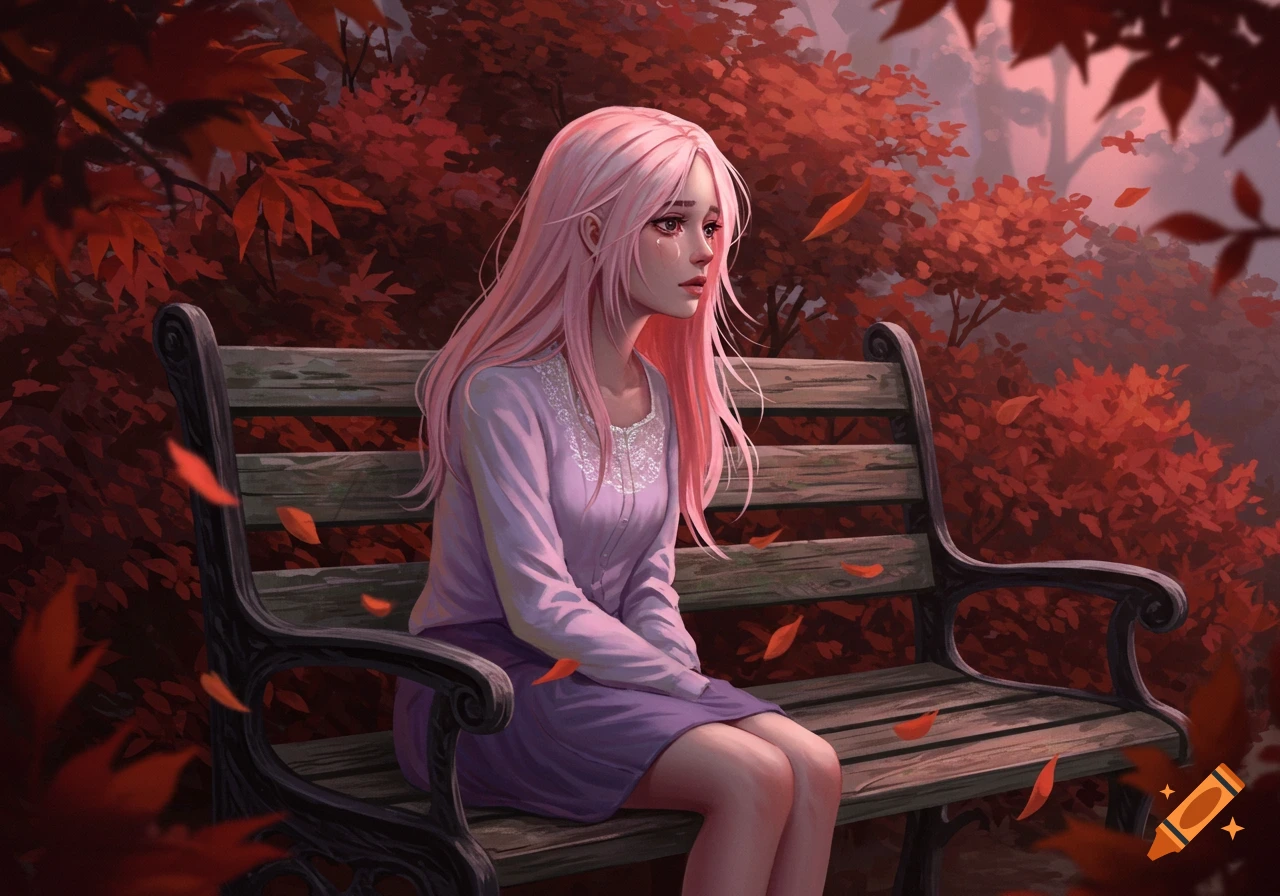 A sad, pink-haired anime woman sits on a park bench amidst red autumn leaves, a tear on her cheek.