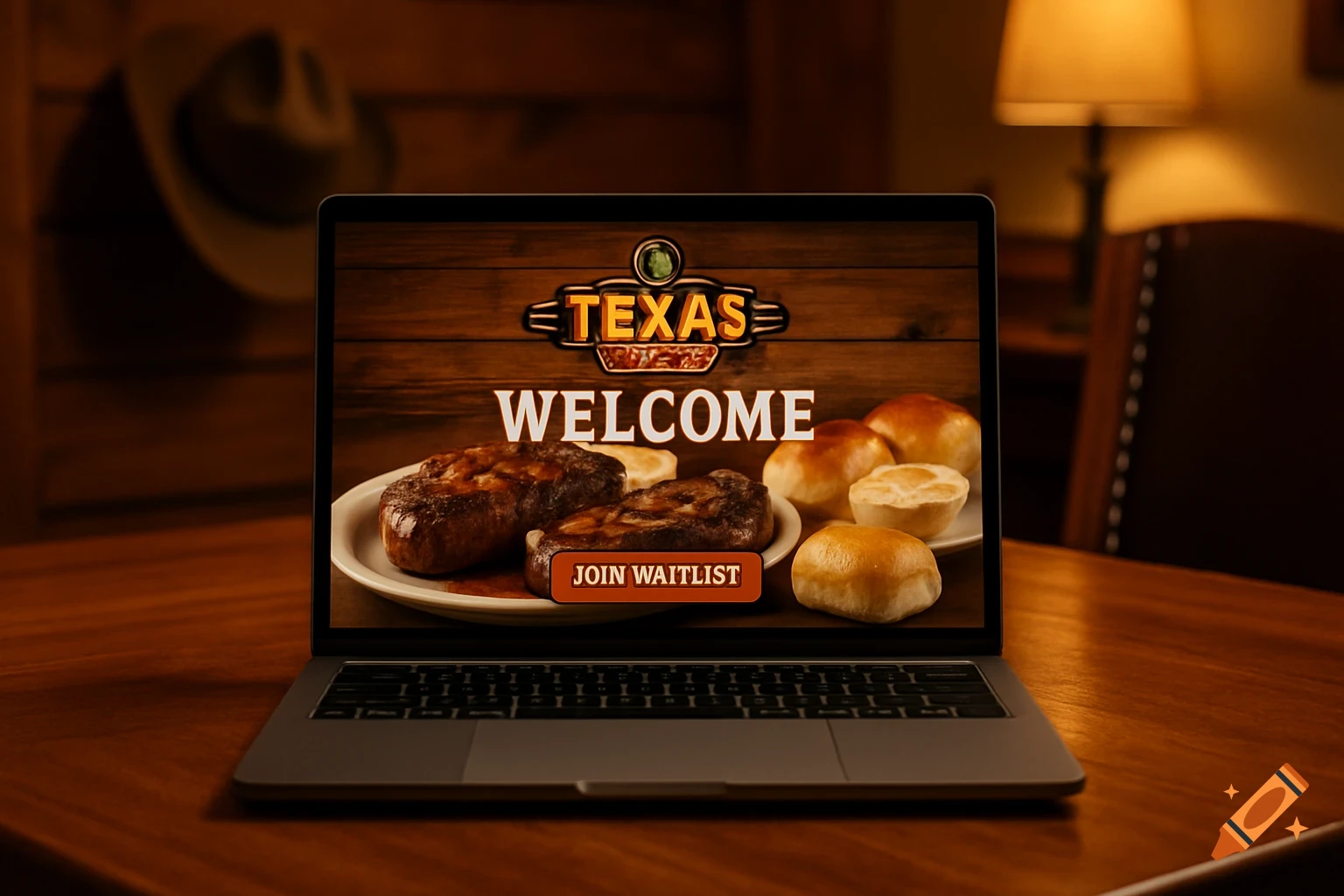 A photorealistic image of a laptop displaying the Texas Roadhouse website with steaks and rolls, sitting on a wooden table.