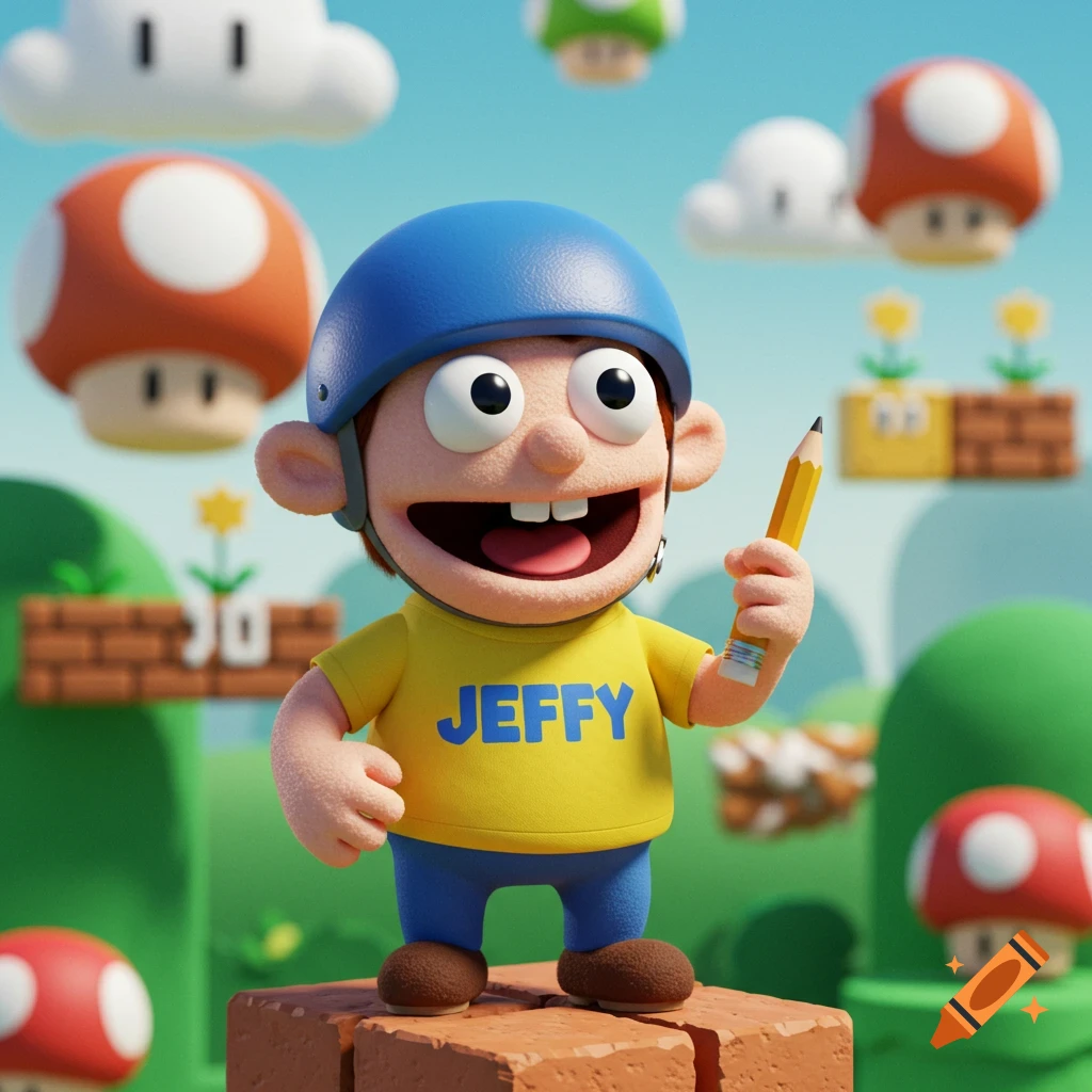 Cartoon character Jeffy with a blue helmet and yellow shirt, holding a pencil, stands on brick blocks in a vibrant Super Mario-themed landscape.