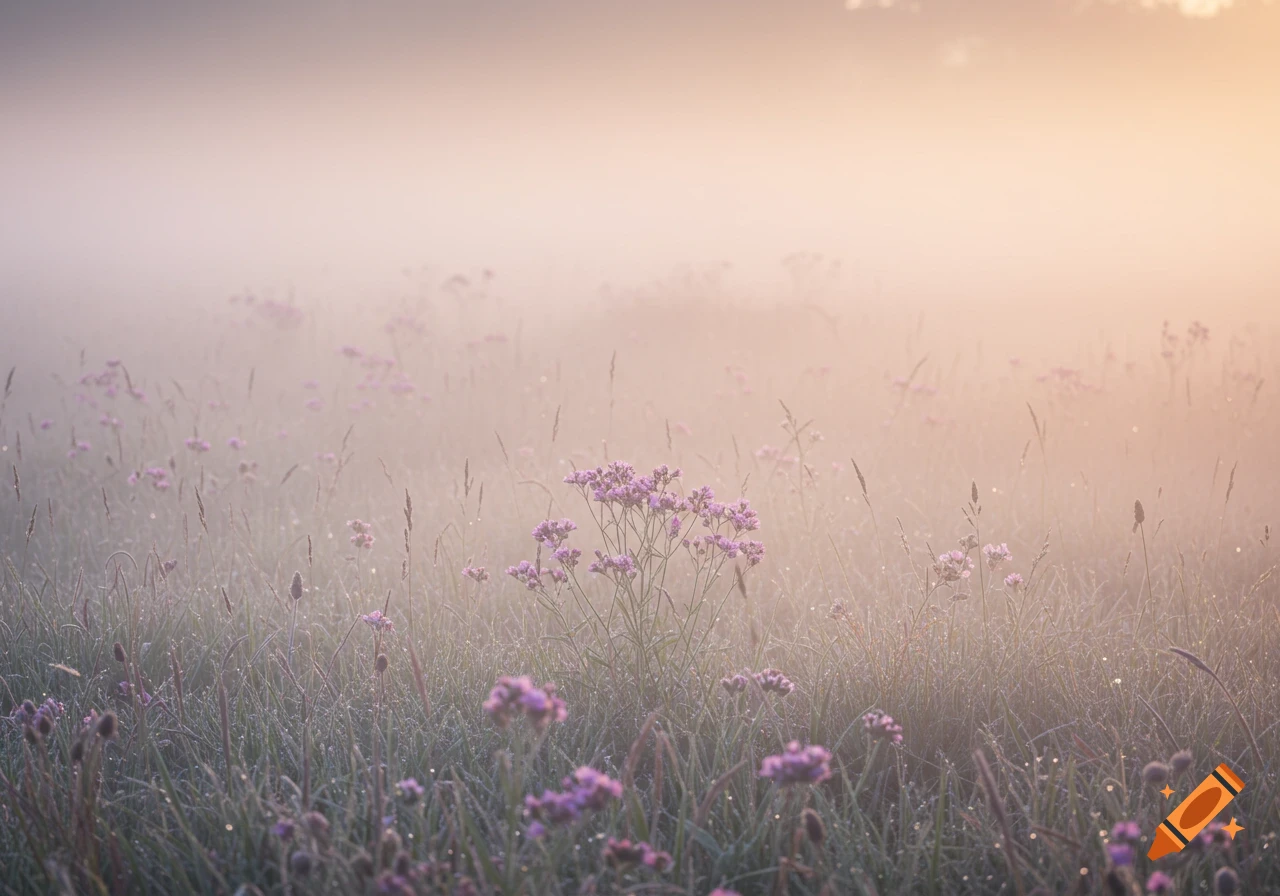 A misty field of purple wildflowers and tall grass at sunrise, with a soft, warm glow.