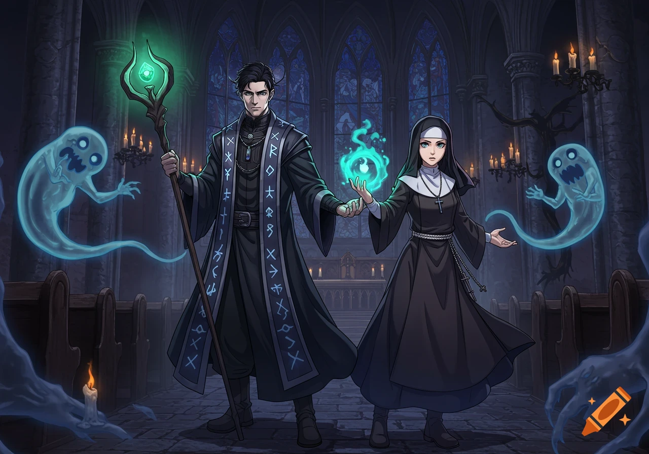 Anime-style exorcist and nun with glowing ghosts in a gothic church with stained glass windows.