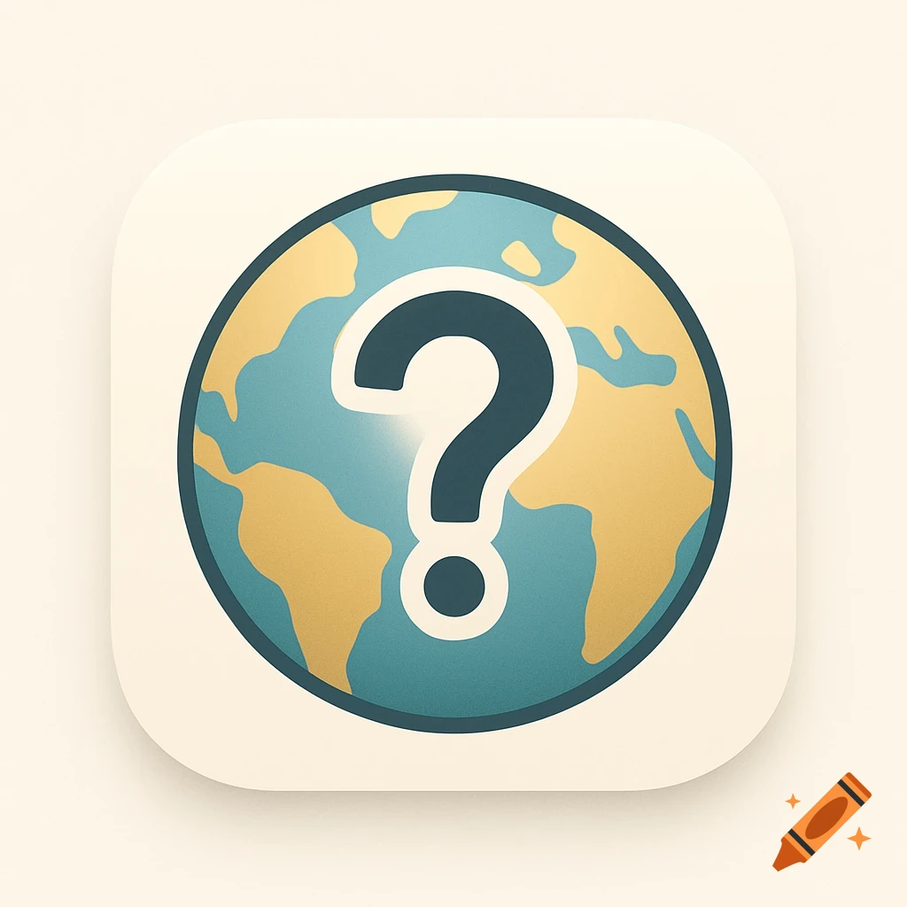 A minimalist app icon featuring a dark question mark centered on a stylized blue and gold globe, with a soft beige background.