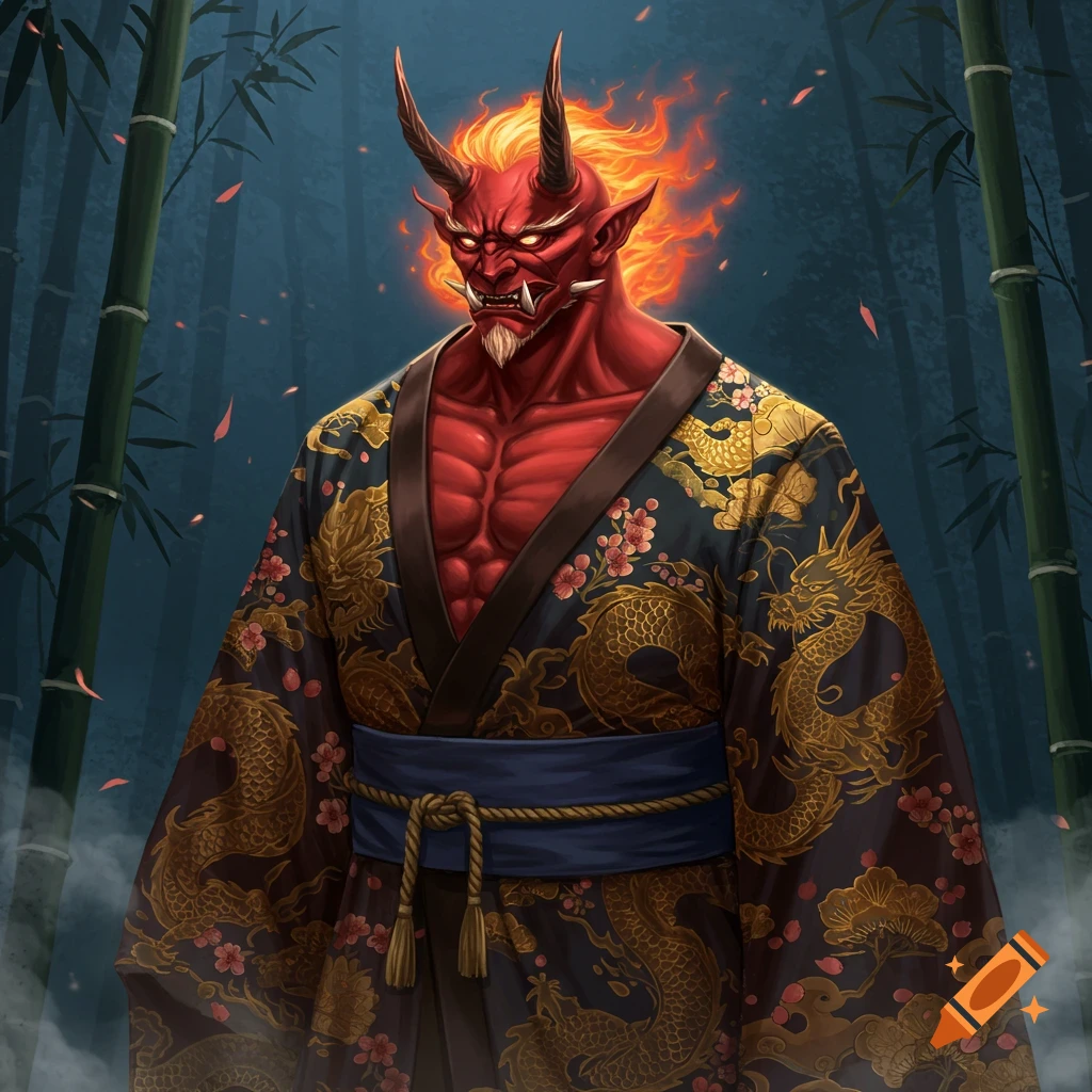 A red-skinned oni with horns and fiery hair, wearing a black and gold kimono with dragon patterns, stands in a bamboo forest.