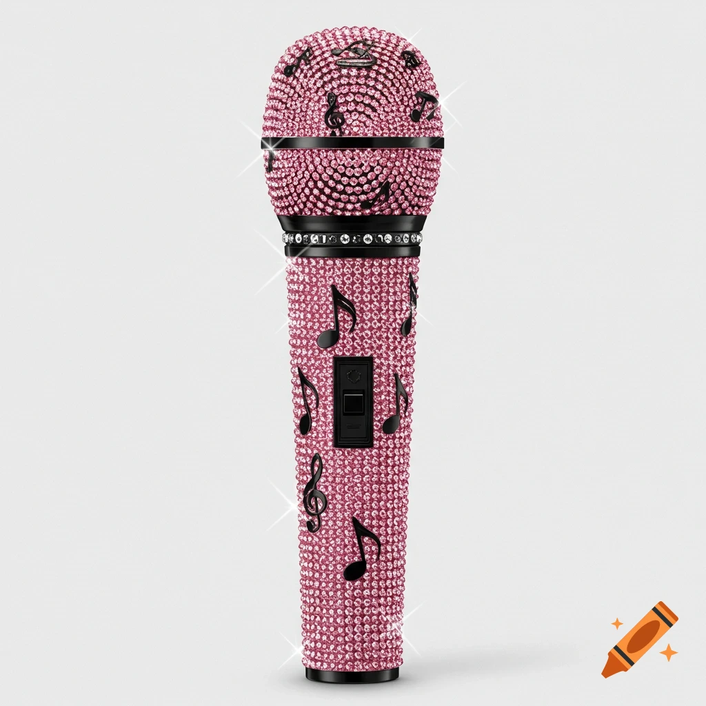 A blinged-out pink wireless microphone adorned with black musical notes and different sized crystals on a light background.