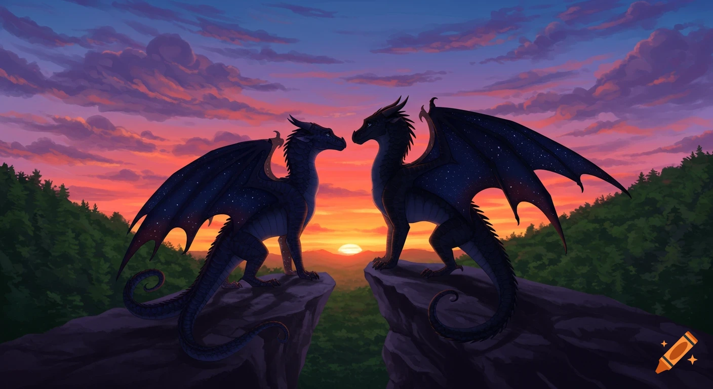 Two dark dragons with starry wings stand on opposing cliffs, facing each other against a vibrant sunset over a mountain forest.