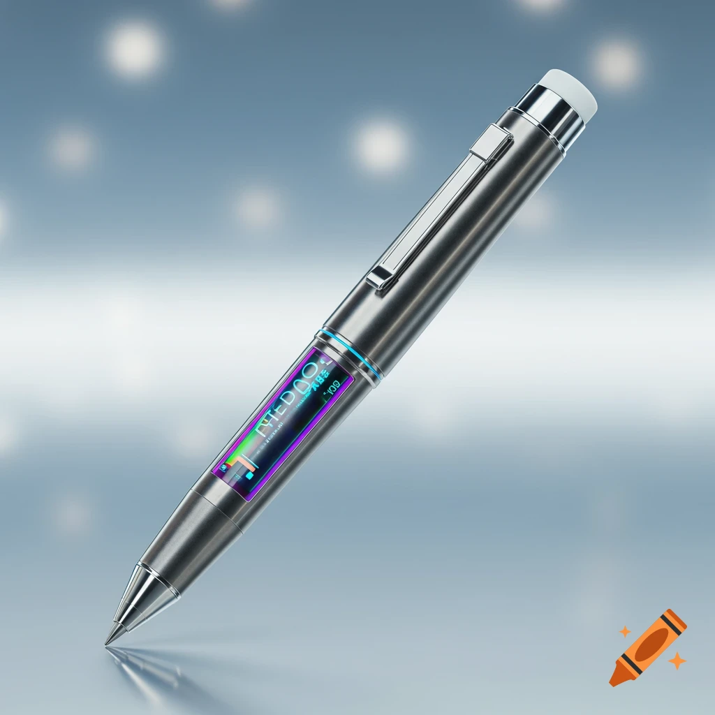 A sleek, futuristic silver pen with a colorful digital display showing abstract graphics, resting on a reflective surface.