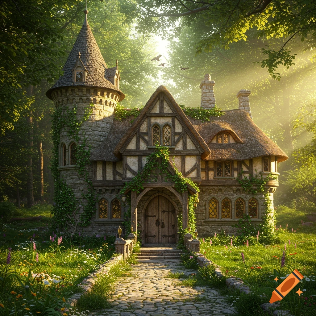 A fairytale-like stone cottage with a thatched roof and a turret, surrounded by lush green forest and a sunlit stone path.